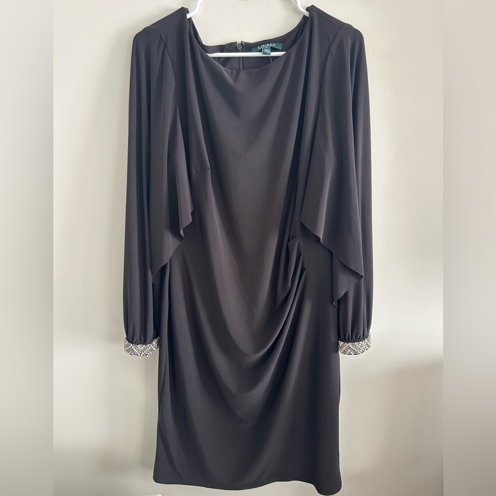 Lauren Ralph Lauren Black Beaded Cuff Draped Dress Size 14 NWT